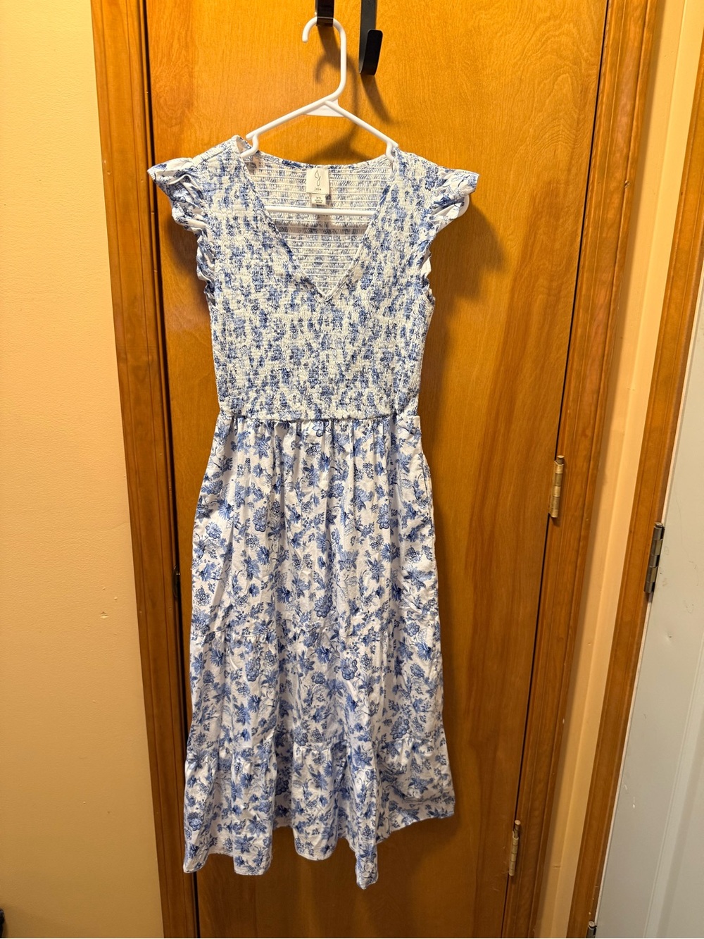 Joie Blue and White Floral Smocked Midi Dress